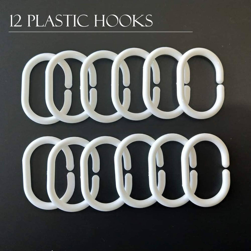 White plastic shower curtain hooks, curved loops for hanging curtain liner