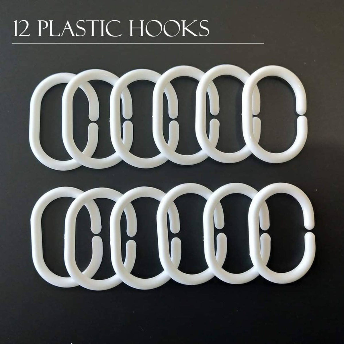 White plastic shower curtain hooks, curved loops for hanging curtain liner
