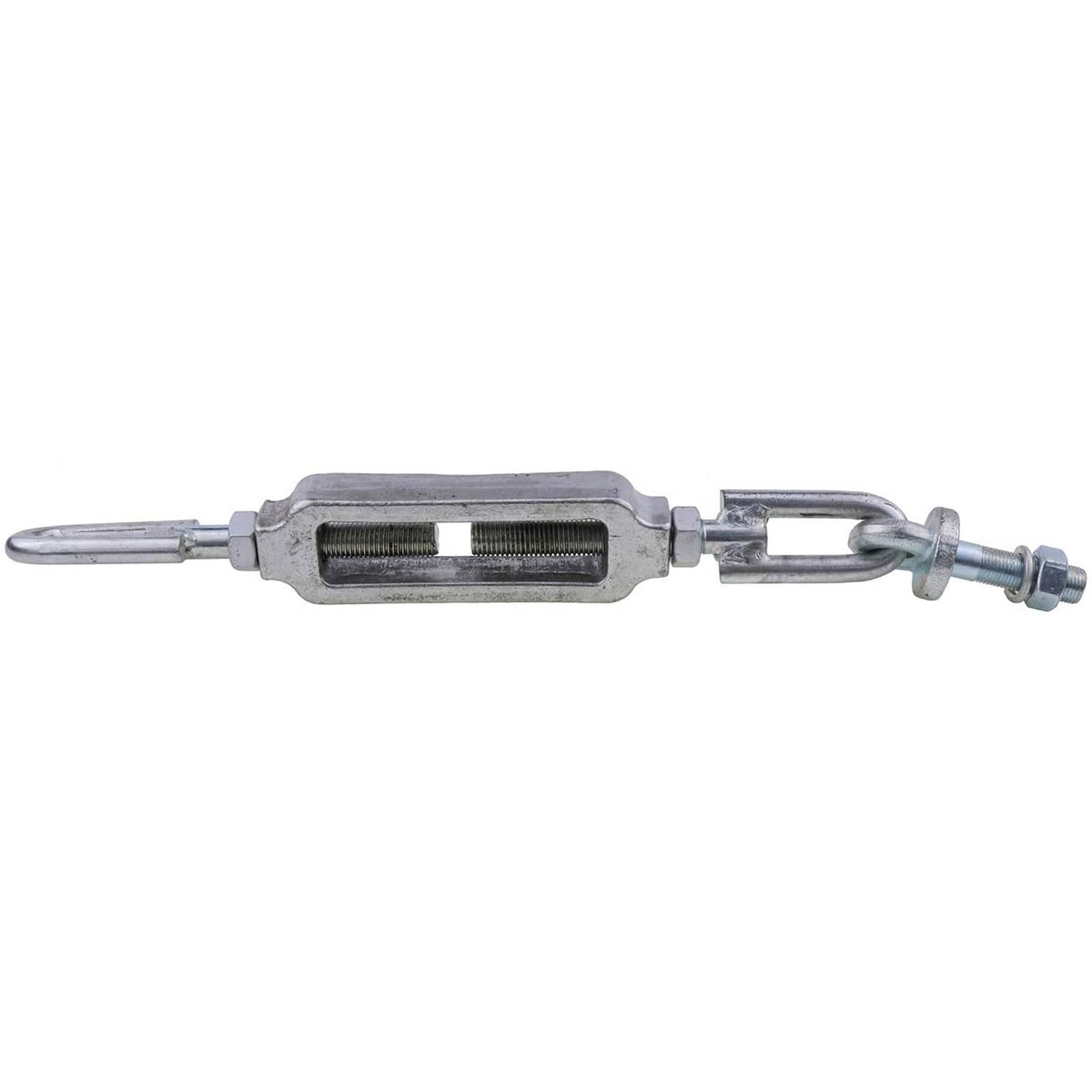 Adjustable turnbuckle stabilizer with extended bar, internal threaded sleeves, snap-ring ends