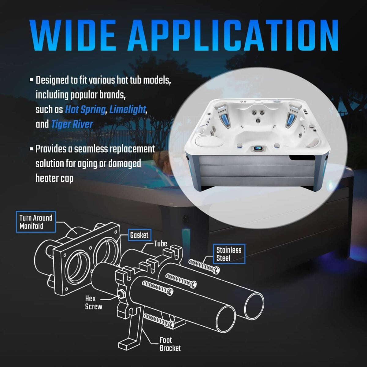 Heater end cap kit diagram with gasket and mounting screws for hot tub heater