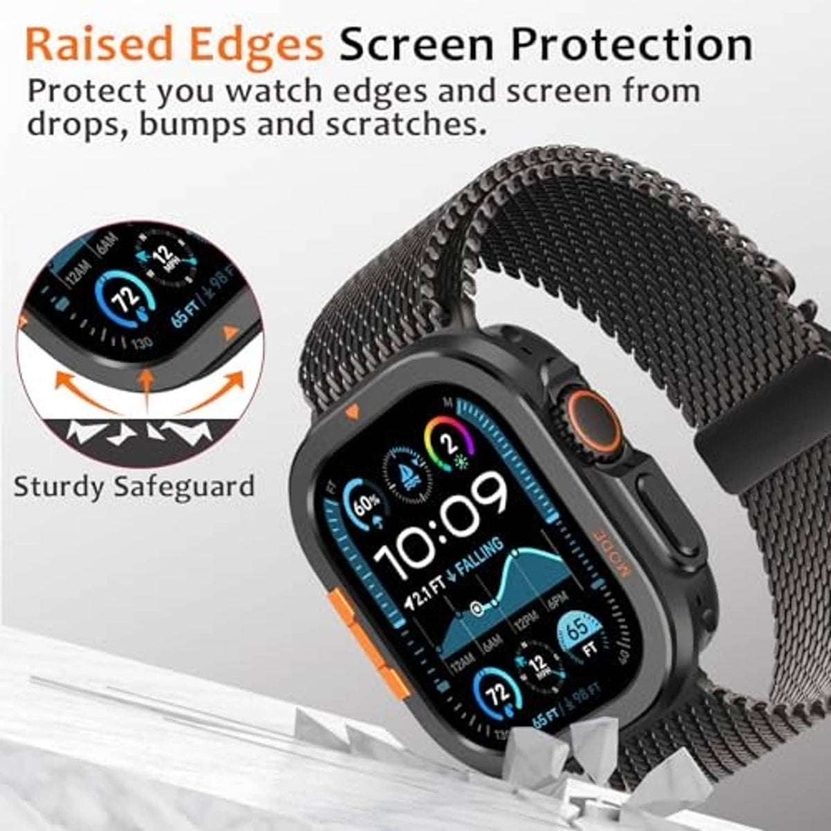 Black watch case with raised bezel and orange side accents on metal mesh band