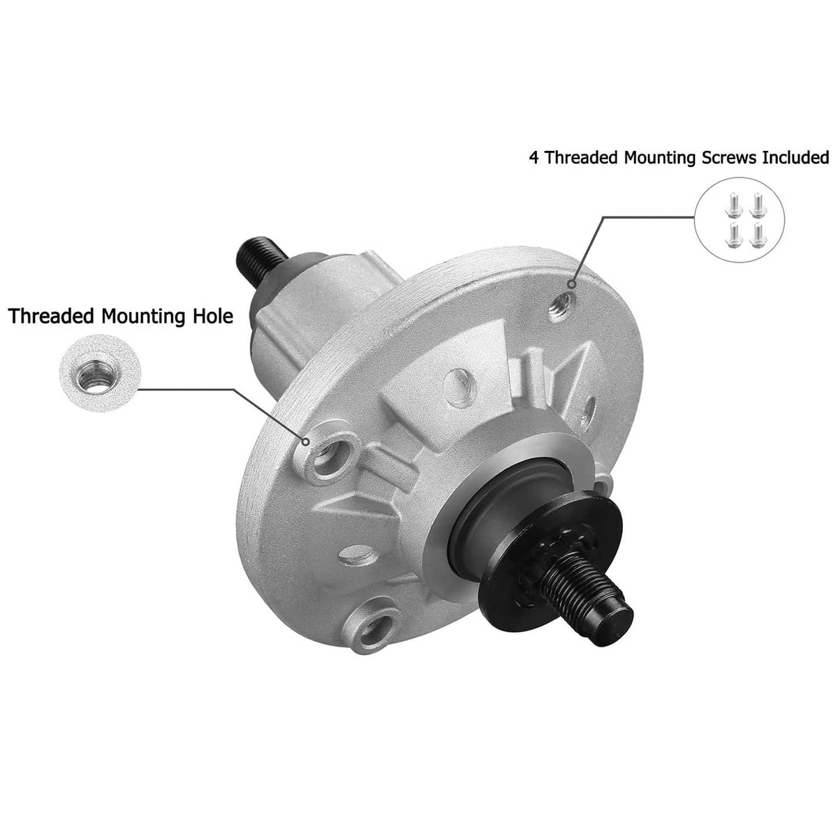 Lawn mower spindle assembly with mounting screws and threaded mounting hole