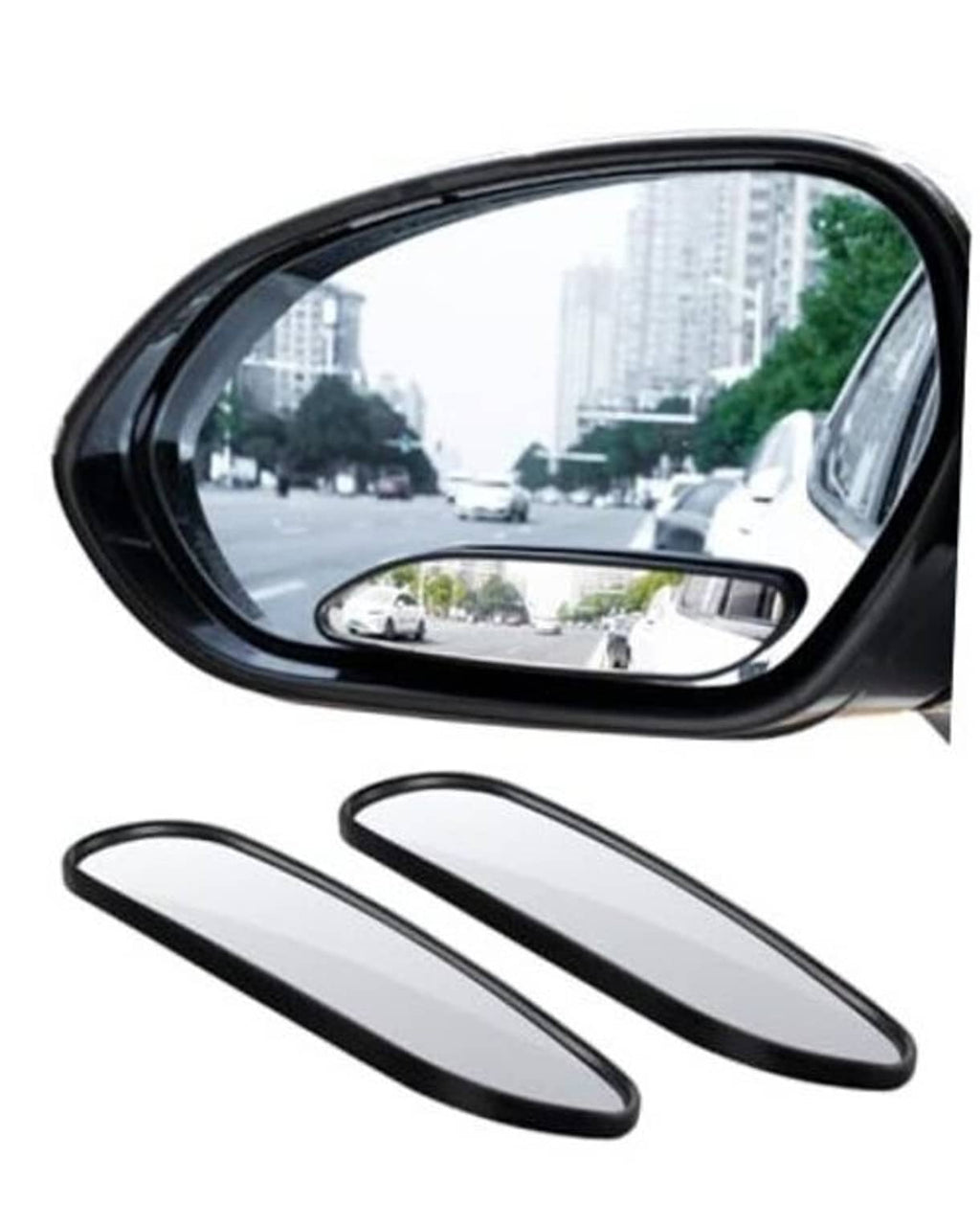 Black oval blind spot mirror with horizontal viewing lens and curved mounting base strips.