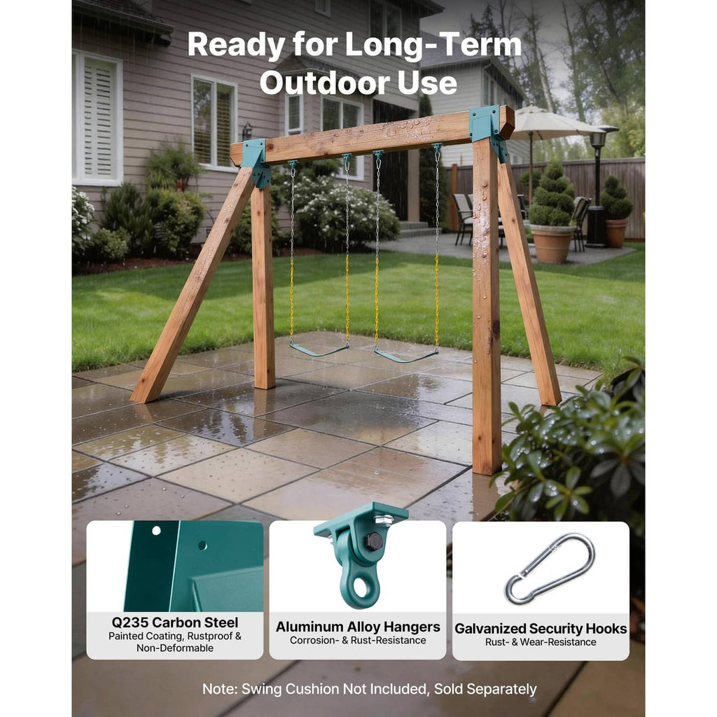 Green swing set A-frame bracket with hangers and security hooks for outdoor swing
