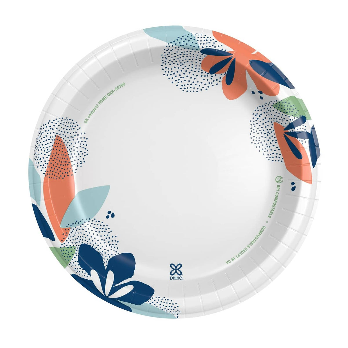 White 10 1/16-inch paper plate with colorful leaf and flower pattern around rim
