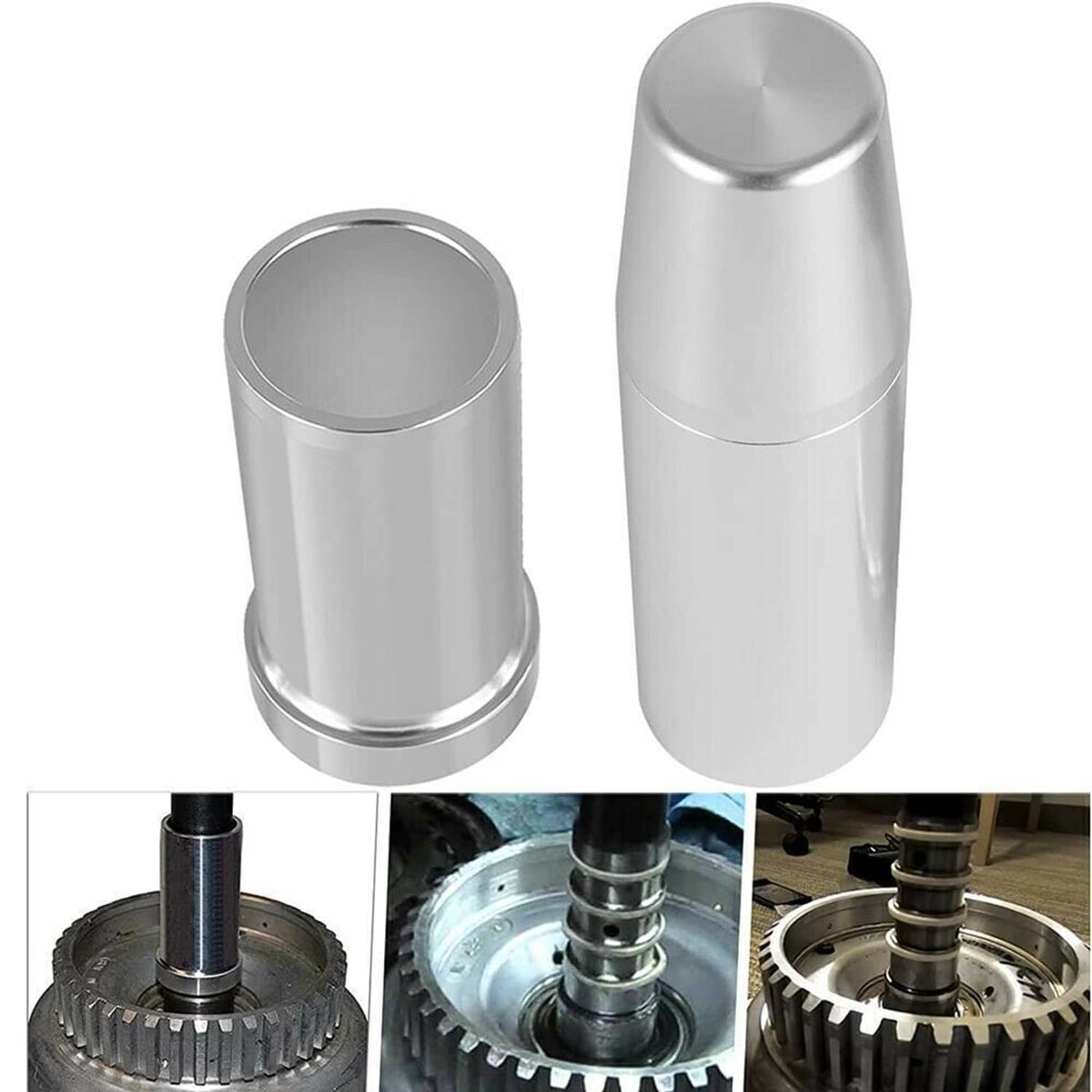 Two silver cylindrical metal sleeves with one shown inside the bellhousing area