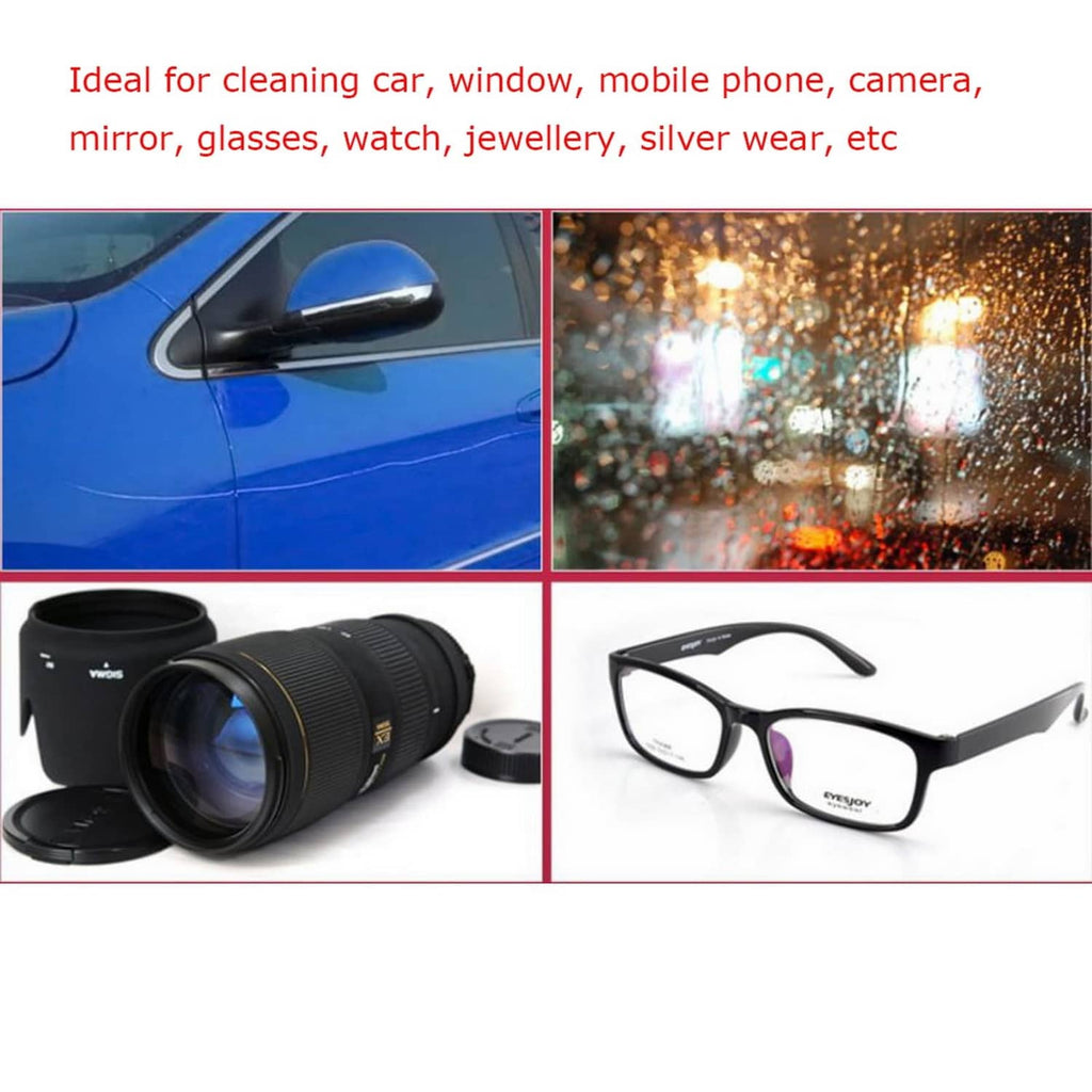 Chamois leather cleaning cloth shown cleaning glass, phone, camera, and jewelry