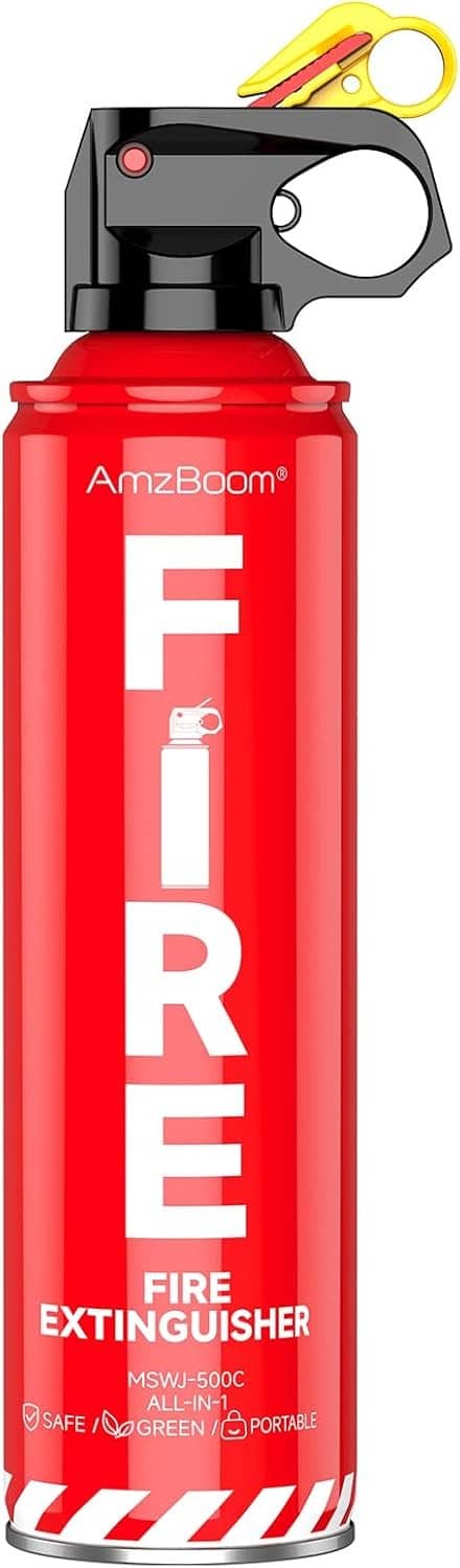 Red AmzBoom fire extinguisher with black handle and yellow safety ring