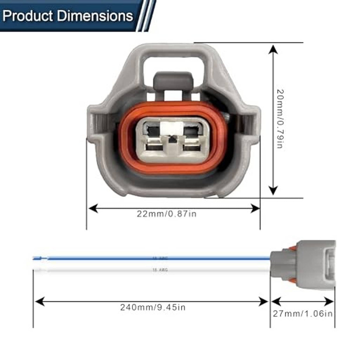 Fuel injector connector plug with orange seal and gray housing, shown with dimensions