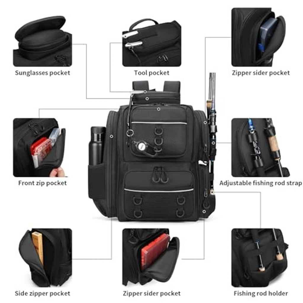 Black fishing backpack with labeled accessory pockets, rod holder, and side zippers