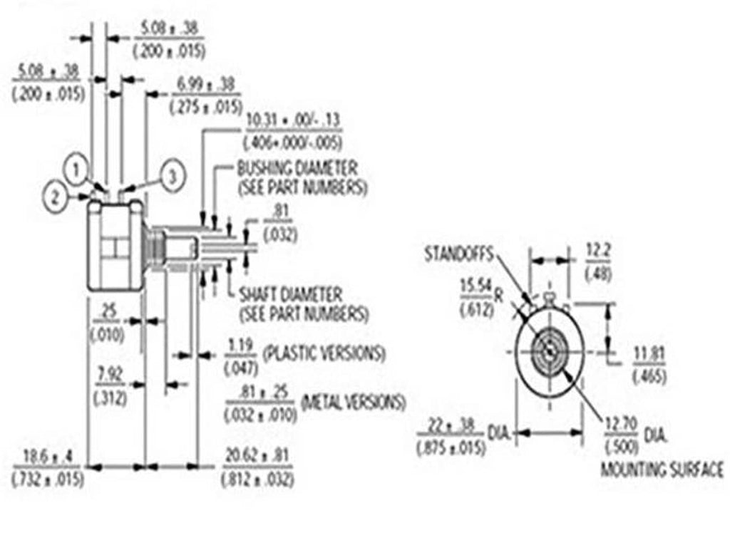 Rotary potentiometer dimension diagram with shaft and mounting measurements