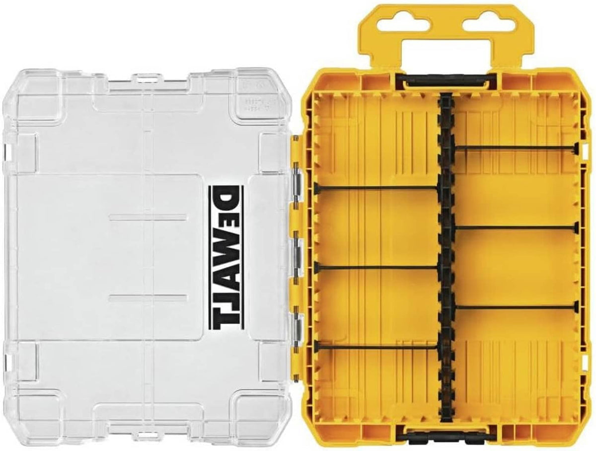 DEWALT medium small parts organizer case with yellow interior and black divider racks