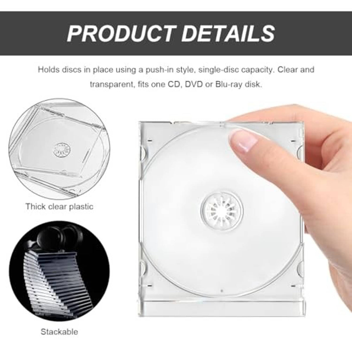 Clear single CD jewel case with disc, hand pointing at the front cover