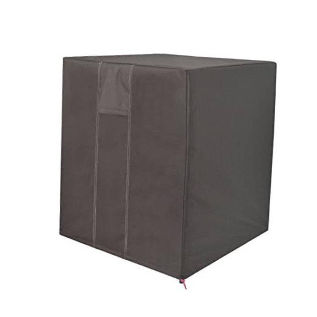 Brown fitted air conditioner cover for an outside central AC condenser, cube shape.