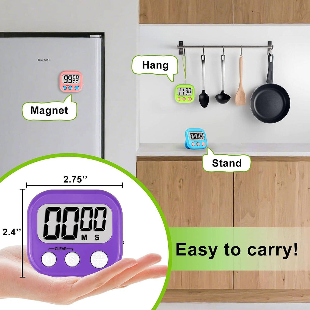 Purple kids digital timer with LCD screen shown near refrigerator magnets; held by hand