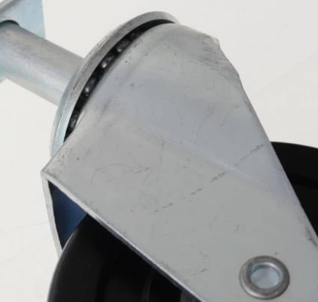 Steel gate yoke over black wheel with swivel plate and mounting bolt