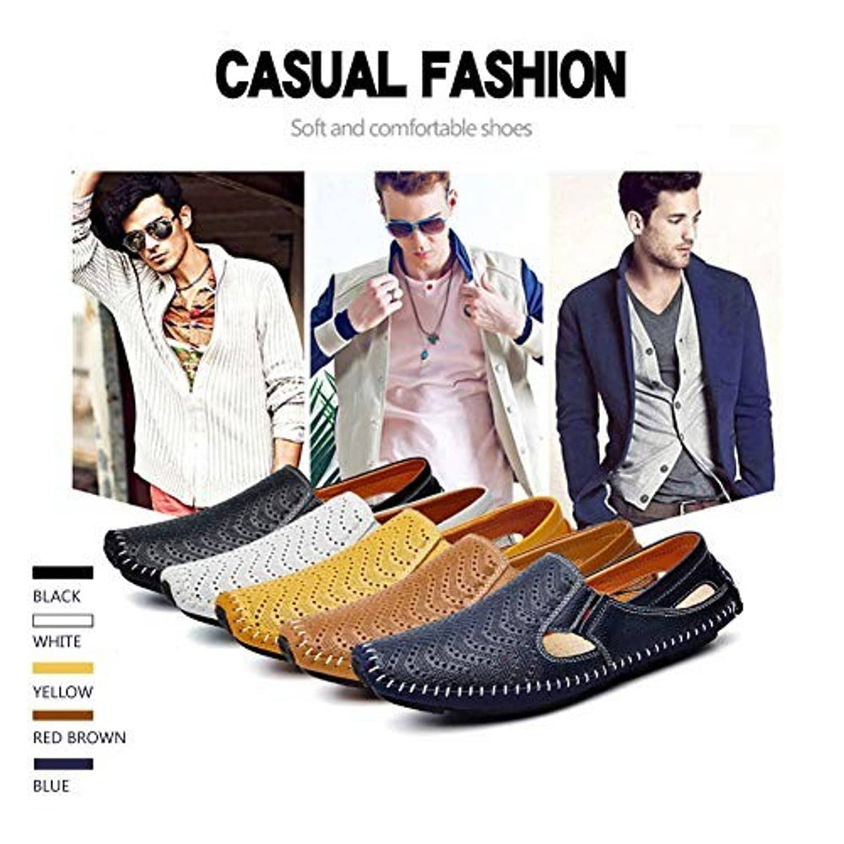 Men's casual slip-on loafers set, perforated uppers in multiple colors