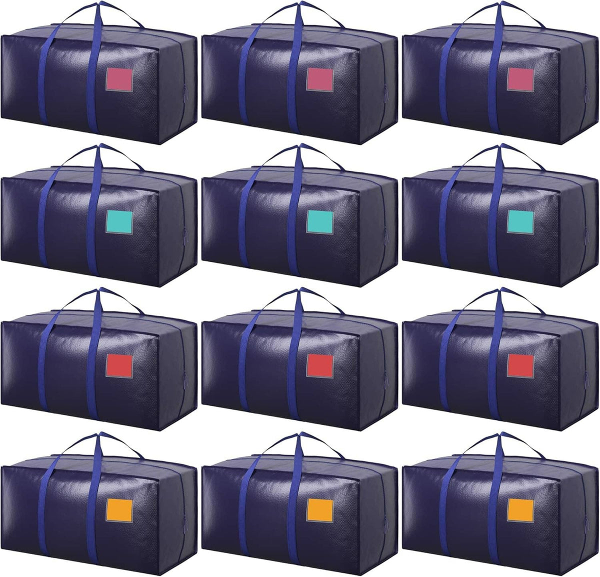 Set of extra-large blue moving storage bags with carry handles and colored label patches