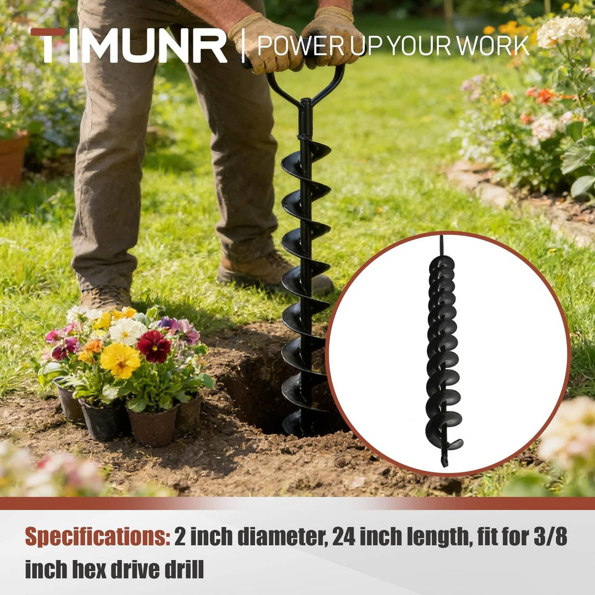 Black spiral auger drill bit for soil digging, shown upright