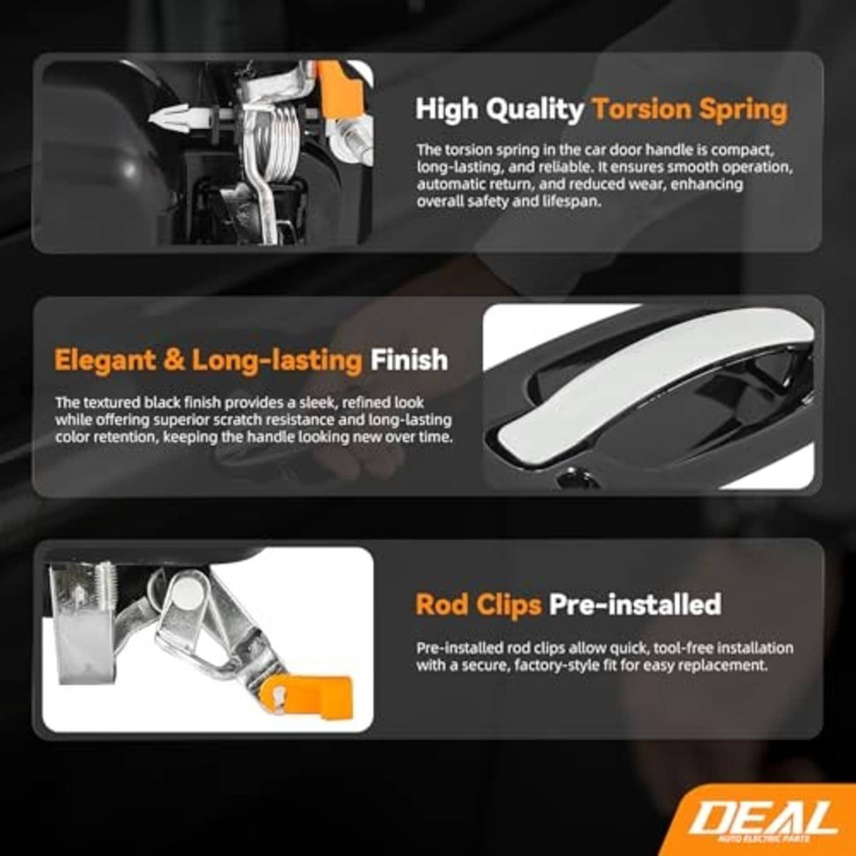 Exterior door handle kit showing chrome lever on black base with torsion spring diagram