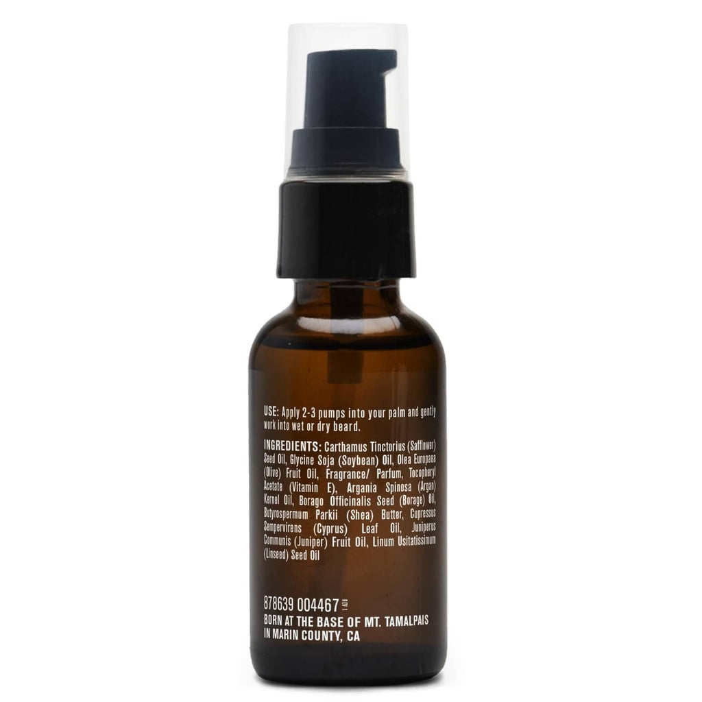 Front label view of Every Man Jack beard oil bottle with black pump