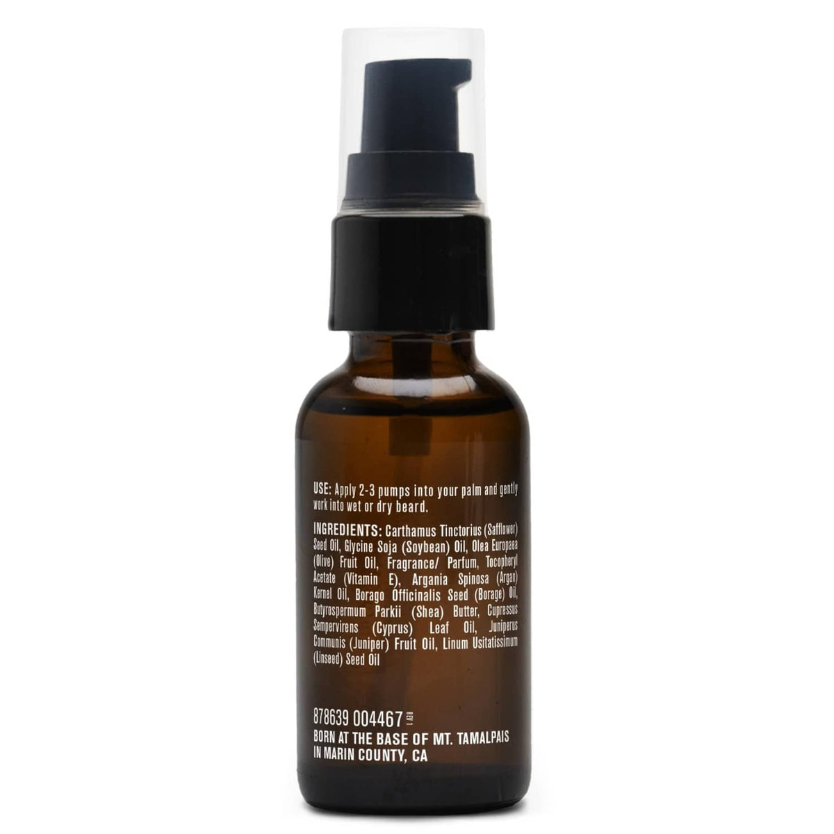 Front label view of Every Man Jack beard oil bottle with black pump