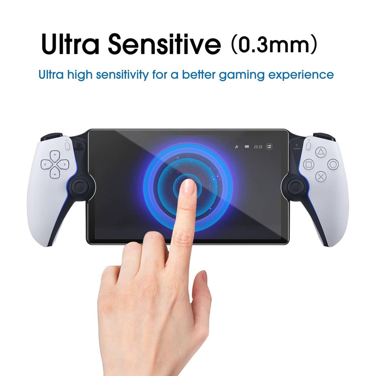 Tempered glass screen protector on PlayStation Portal Remote Player with finger touch