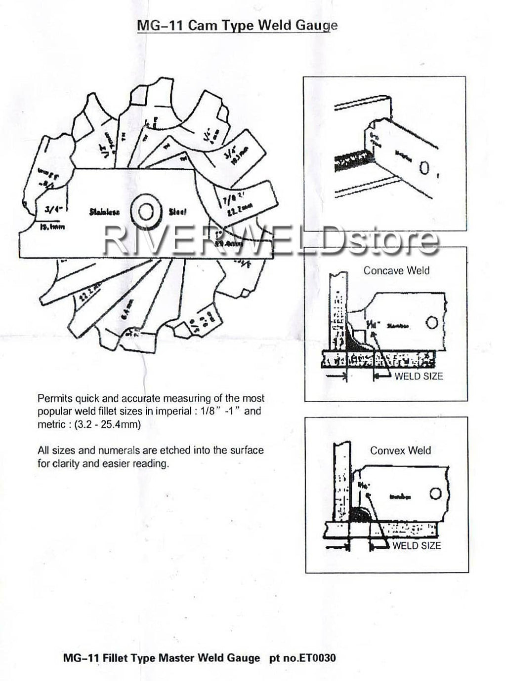 Weld fillet gauge instruction sheet with line diagrams and concave/convex weld examples