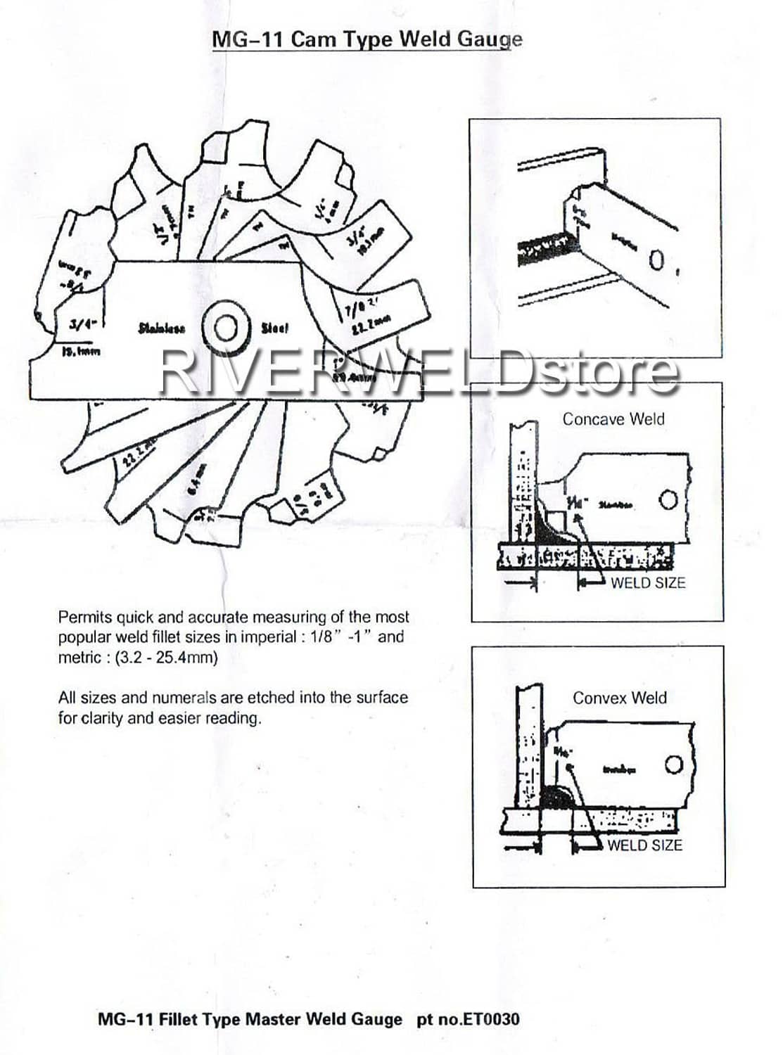 Weld fillet gauge instruction sheet with line diagrams and concave/convex weld examples