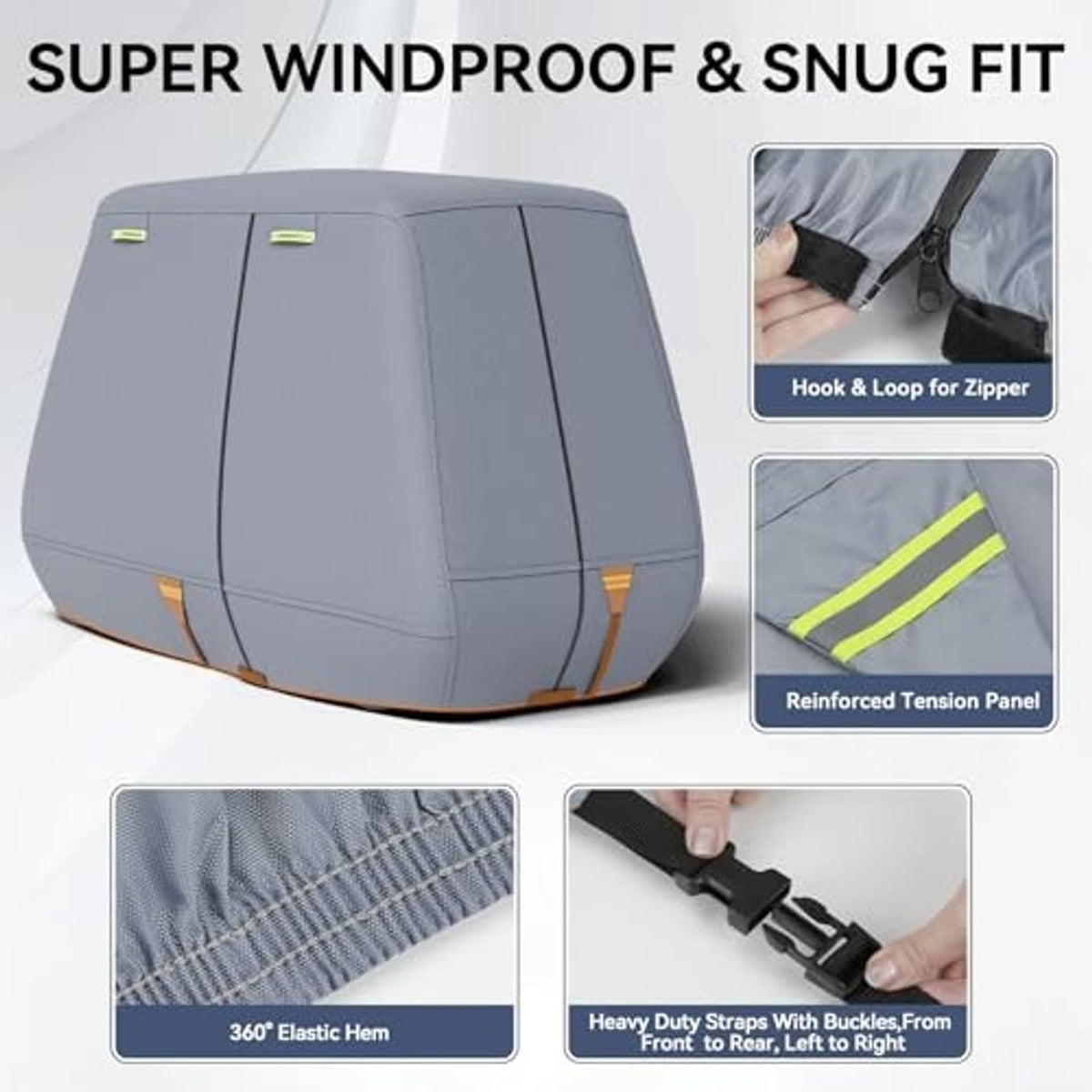 Gray golf cart cover with hook-and-loop straps, elastic hem, and reinforced tension panels