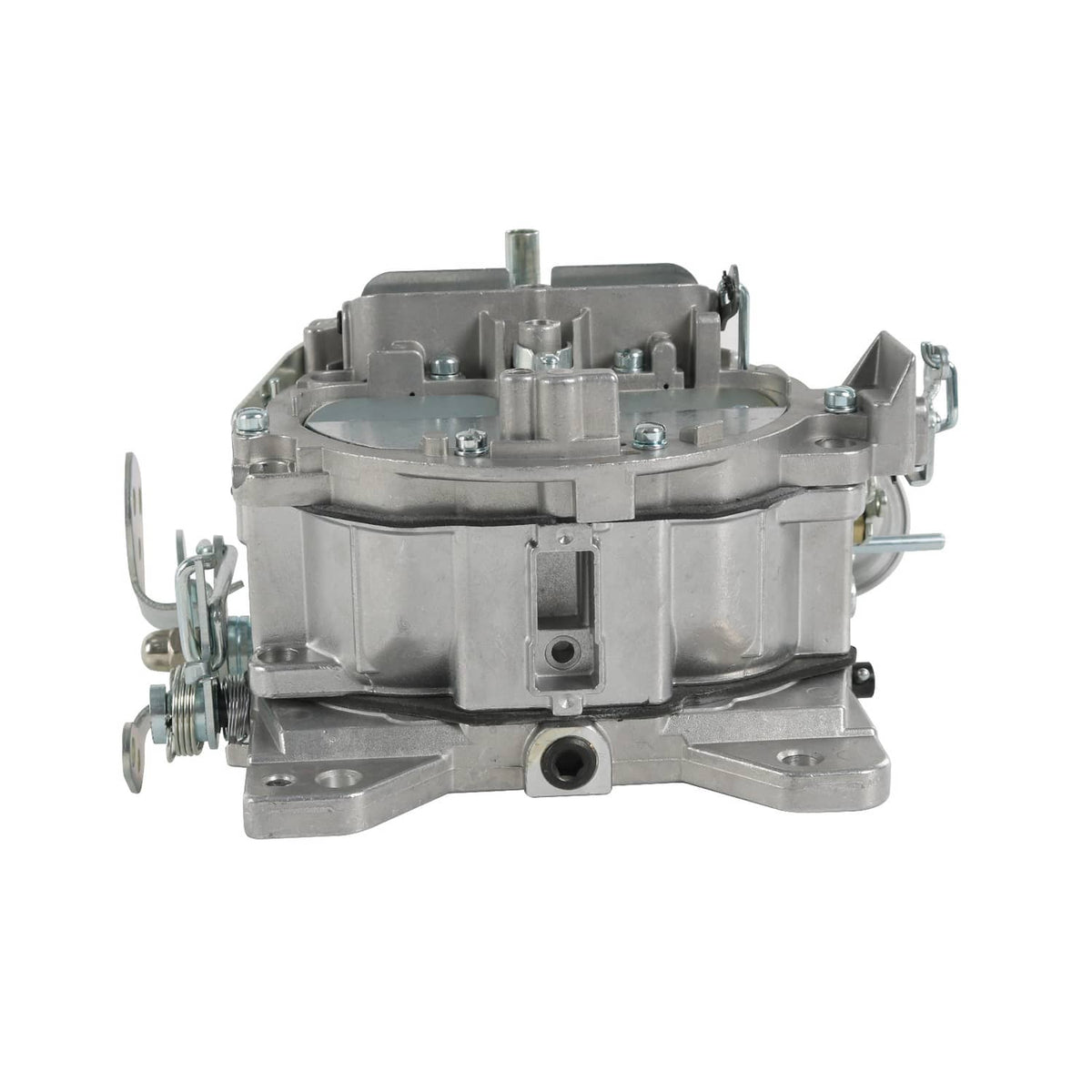 Carburetor front end with circular mounting holes and external throttle linkage