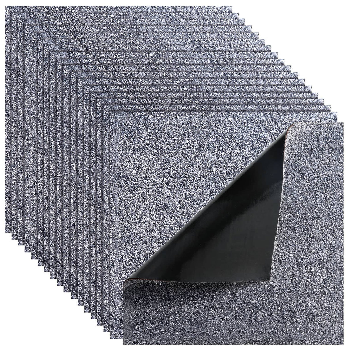 Gray speckled self-adhesive carpet tile, square peel-and-stick backing