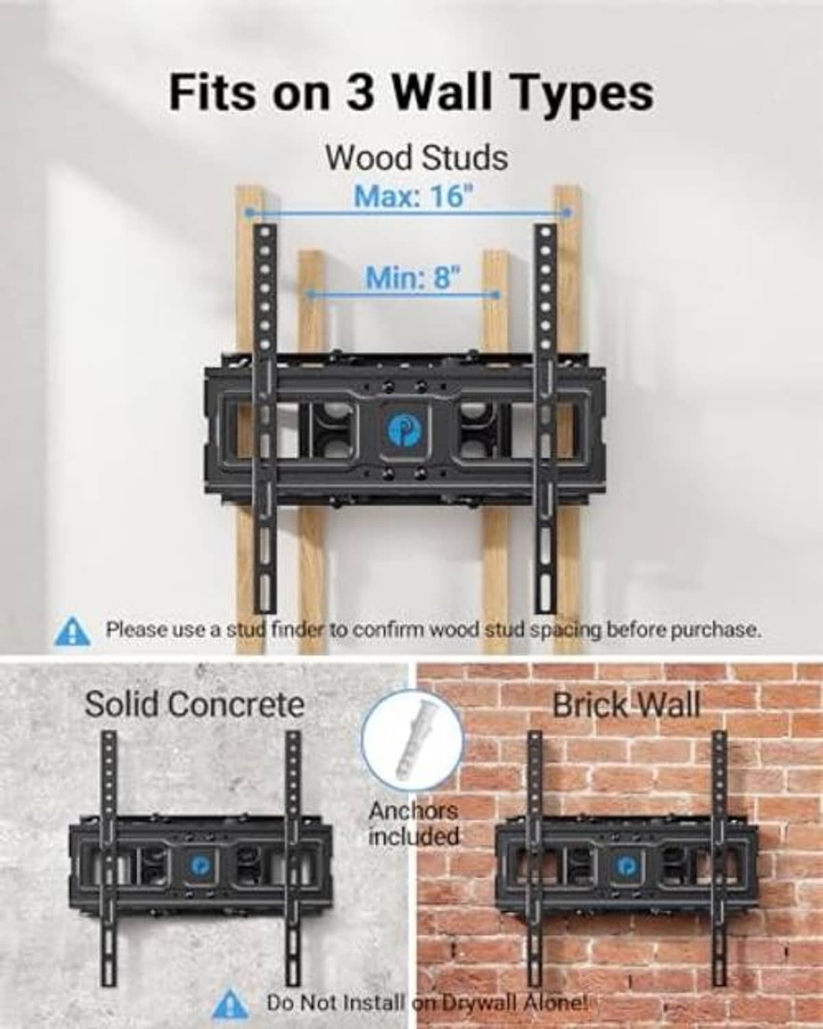 Wall-type guide for the TV mount: wood studs, solid concrete, or brick wall; anchors included.