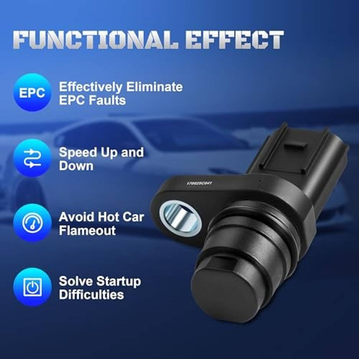 Camshaft position sensor with cylindrical body and silver mounting eyelet detail