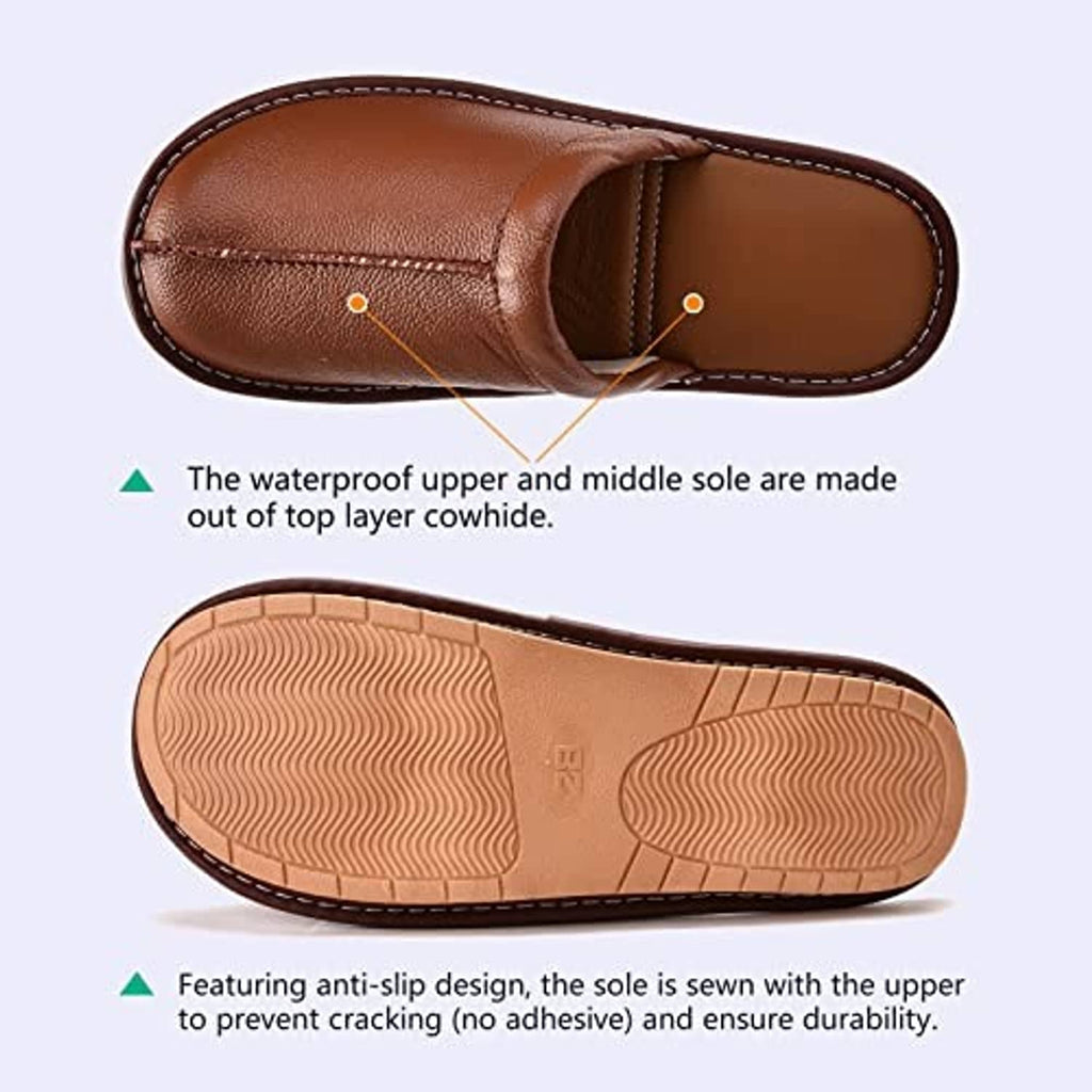 Brown leather slipper sole and upper shown with anti-slip tread base