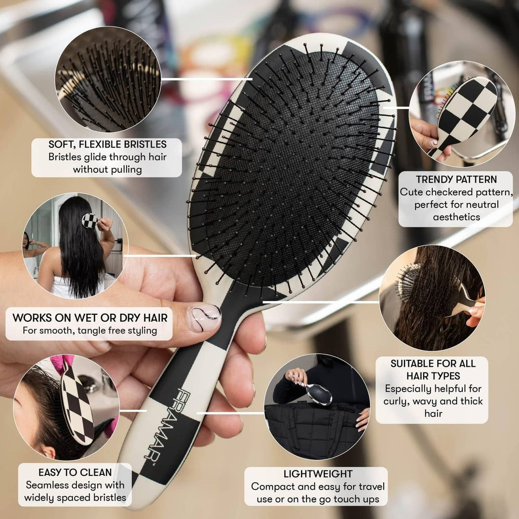 FRAMAR detangler hair brush, black oval paddle with checkered accents and flexible bristles