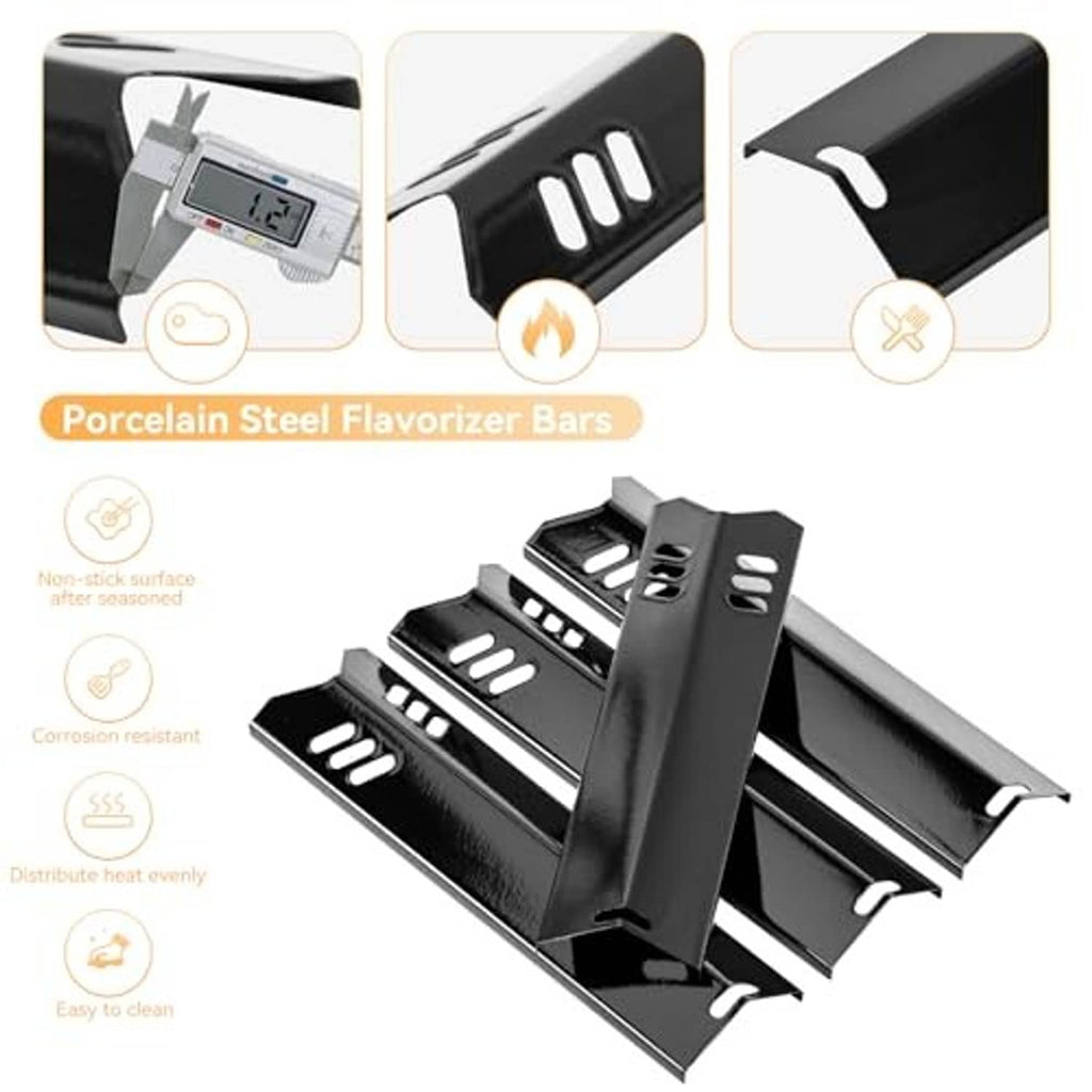 Black porcelain steel flavorizer bars with vent cutouts and heat shield brackets