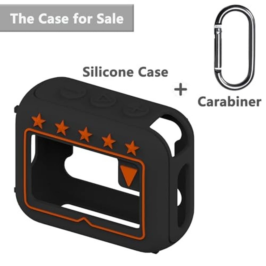 Black silicone speaker cover case with orange star panel, screen cutout, carabiner.