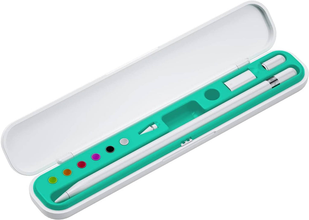 Green stylus case with tip storage tray, white lid, and stylus inside