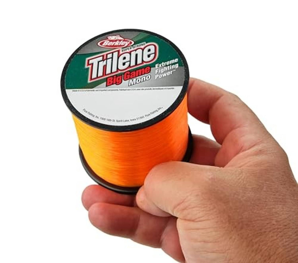 Berkley Trilene Big Game orange mono fishing line spool held in hand