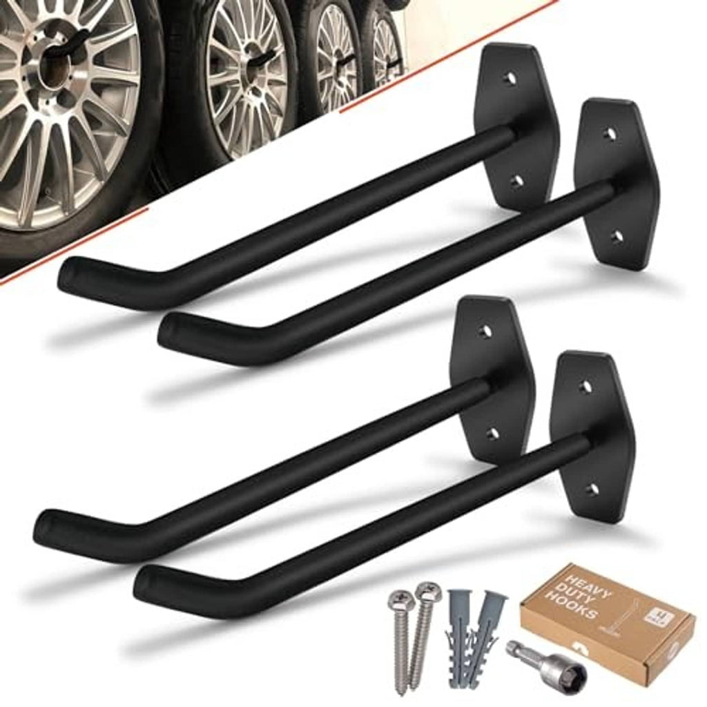 Black garage tire wall hooks, four curved arms with steel brackets and hardware.