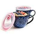 Blue ceramic soup mugs with lids and curved handles, 24 oz capacity set of 2.