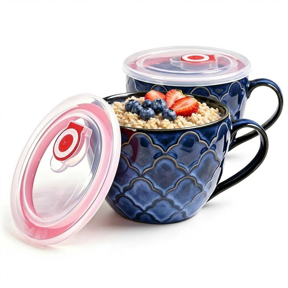 Blue ceramic soup mugs with lids and curved handles, 24 oz capacity set of 2.