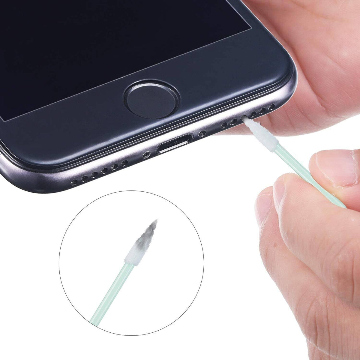 Teal bristle brush cleaning phone charging/port opening