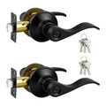 Matte black keyed door lever set with matching keys and two lever assemblies