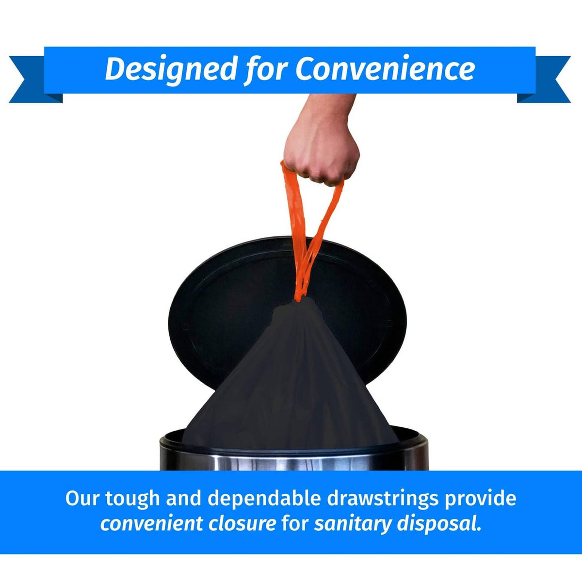 Black 30-gallon drawstring trash bag with cinched closure and hanging drawstring
