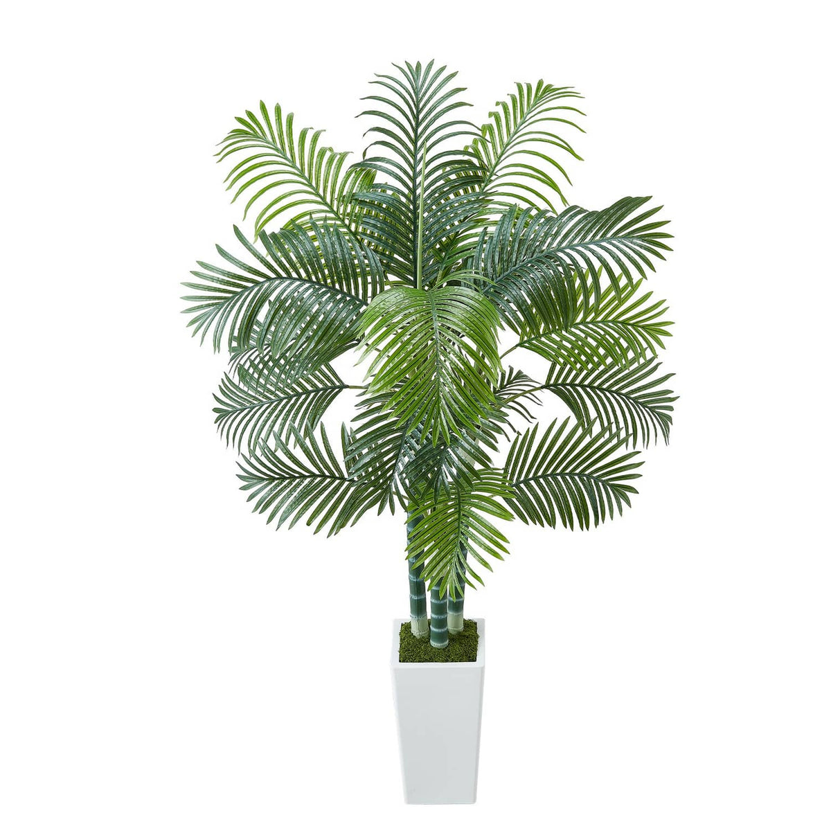 Faux areca palm tree with dense green fronds and white pot, striped trunk