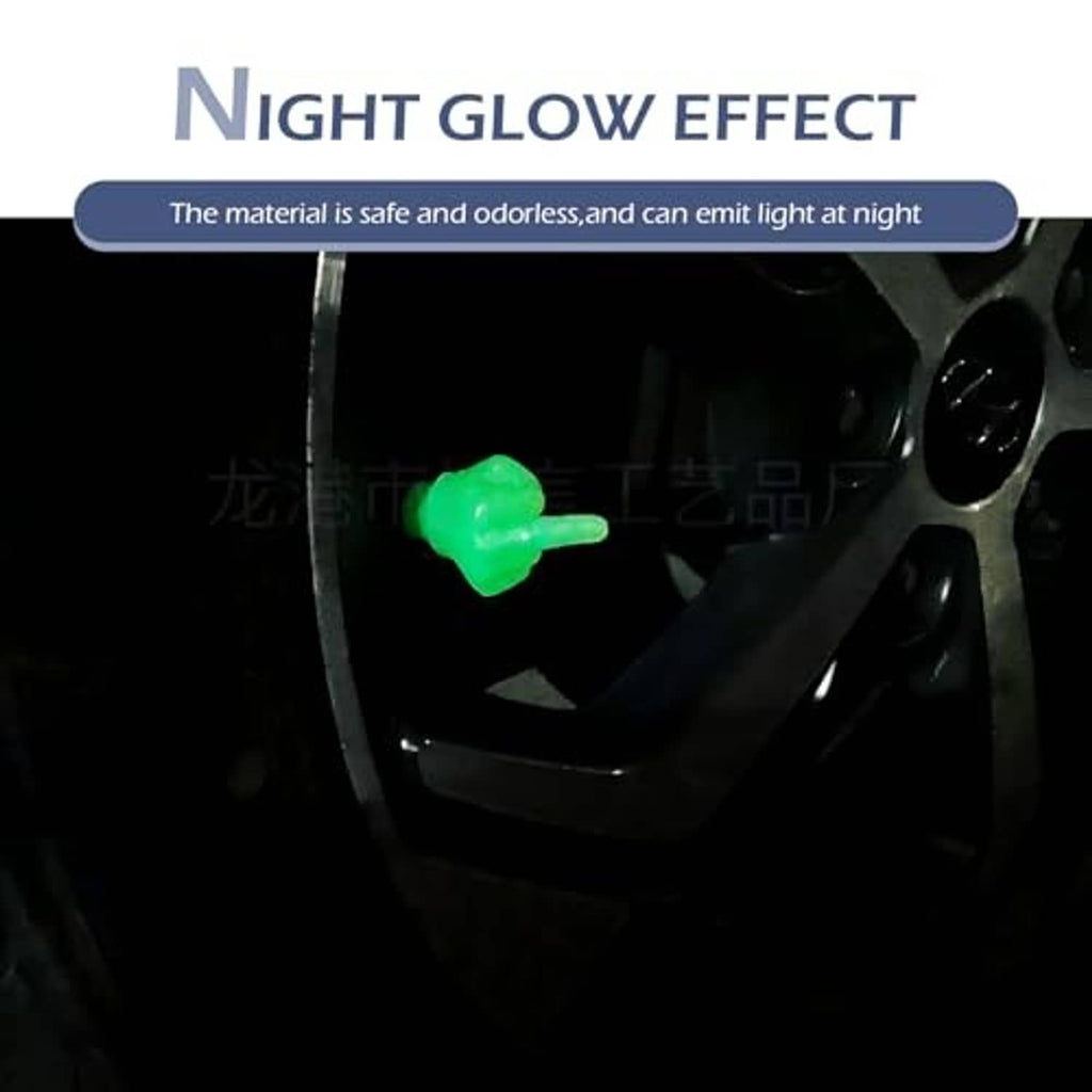 Glow-in-the-dark middle-finger tire valve cap with green lit tip