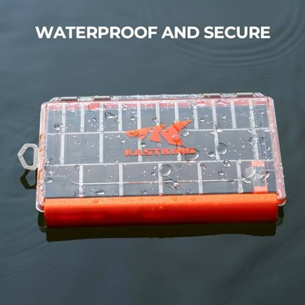 Waterproof tackle box with clear snap lid showing gray divider grid and water droplets