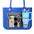 Grey mesh organizer insert pouch with divider panels and cup-holder